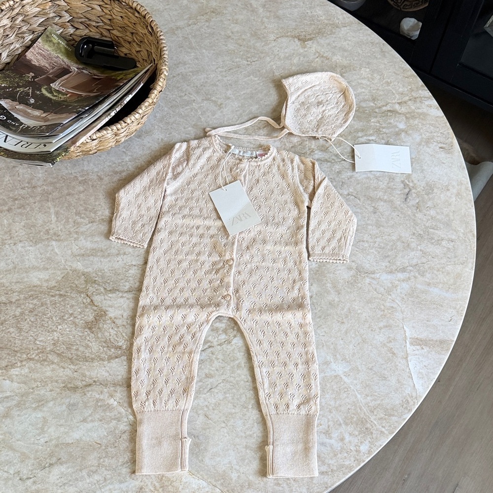 Zara Cream Knit Baby One-Piece with Bonnet